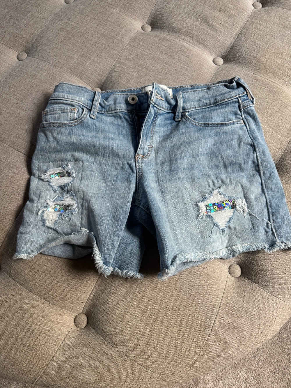 abercrombie kids light blue distressed denim shorts with sequin patches